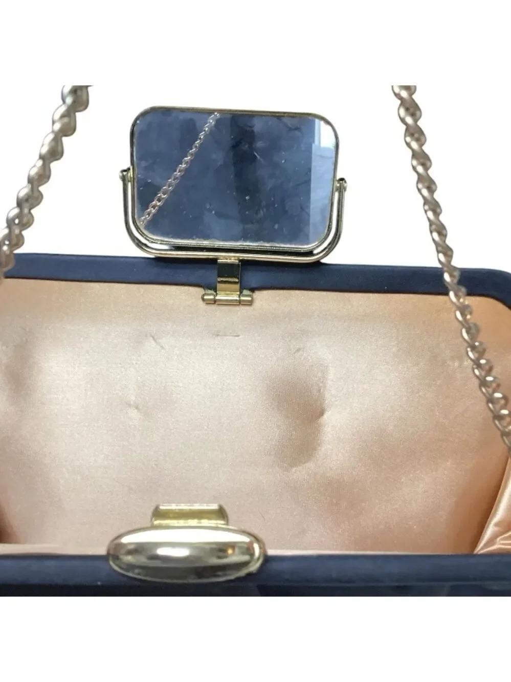 Vintage Black Satin  Mardane Md USA Purse Evening Bag Chain Strap & mirror